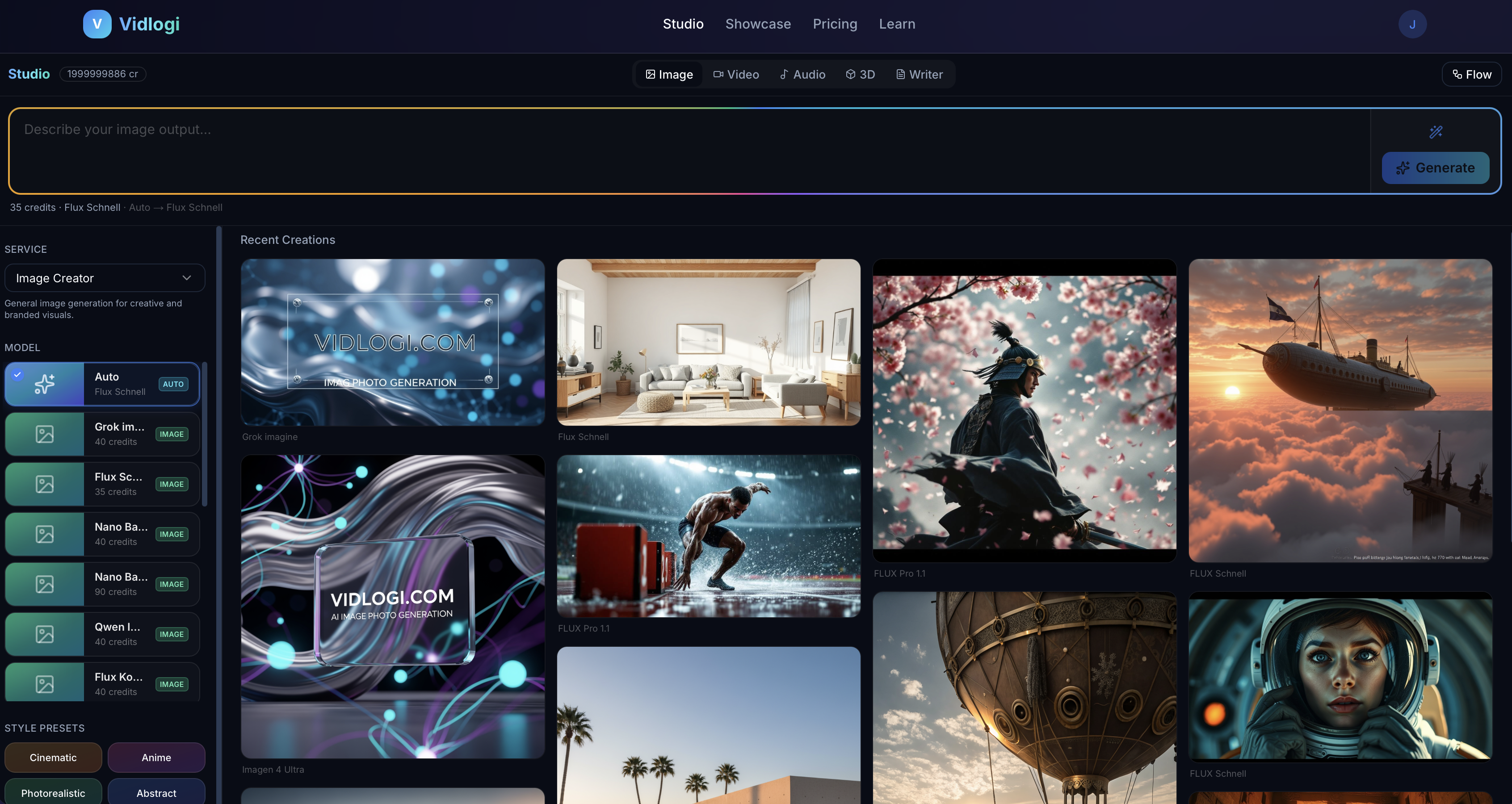 Vidlogi Studio Interface — AI image and video generator